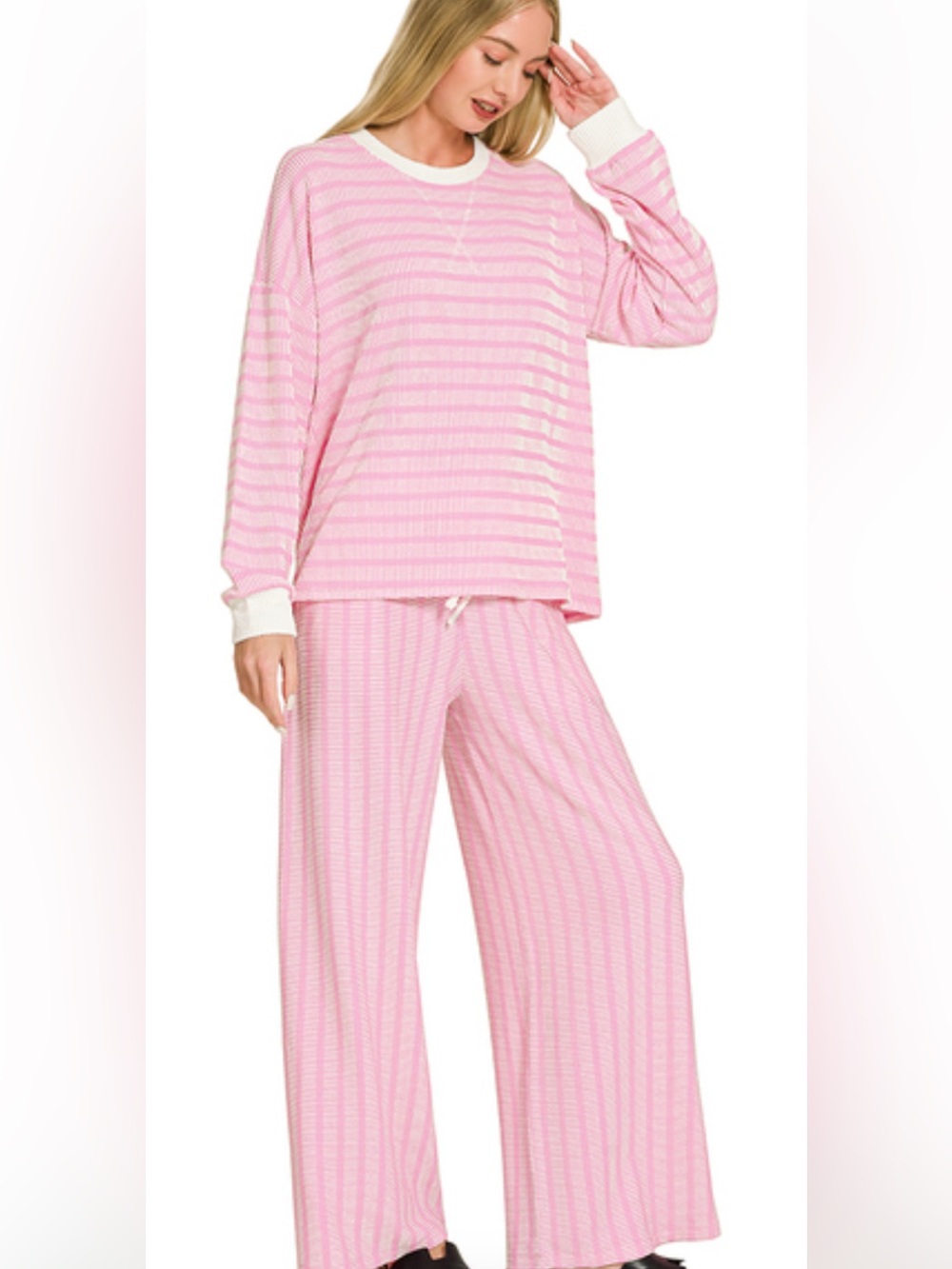 Zenana Raised Rib Striped Pullover & Pants Set Pink & White